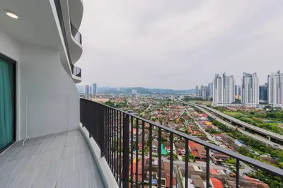 a balcony with a view of a city at Datum Jelatek Balcony w Infinity Pool Linked LRT KLCCView Mall in Kuala Lumpur