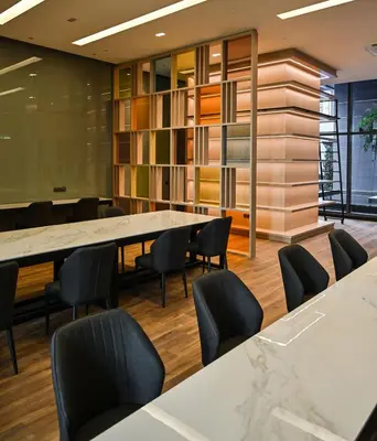 a conference room with a long table and chairs at Star Residence Apartment with High Kuala Lumpur view in Kuala Lumpur