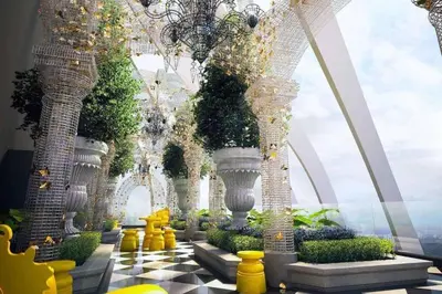 a room with columns and plants in a building at Arte Mont Kiara in Kuala Lumpur