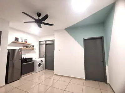a kitchen with a ceiling fan and a refrigerator at MhPlatinum Gombak ShareHouse Room in Kuala Lumpur