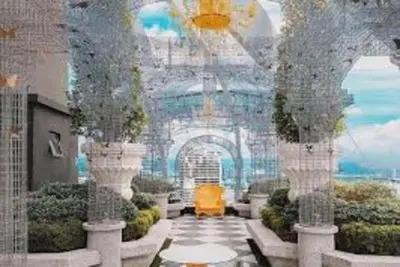 a painting of a garden with a building at Zen-Inspired Duplex Luxury 6Pax, Arte Mont Kiara by Verano in Kuala Lumpur