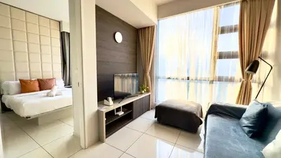 a hotel room with a bed and a window at Panoramic KL View @Robertson Bukit Bintang 40f in Kuala Lumpur