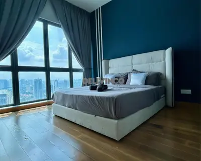 a bedroom with a large bed with a large window at The Luxe - Balcony at 42 floor - KLCC View - 3 pax in Kuala Lumpur