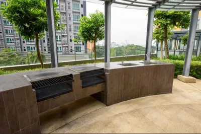 a bathroom with a sink and a view of a building at Cozy KL Sunway Velocity Residence for 1-5pax connected to MRT & Malls in Kuala Lumpur