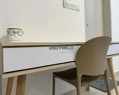 a desk with a chair and a whiteboard at Trion - KL - 2BR - 6pax - 15min to KLCC & TRX in Kuala Lumpur