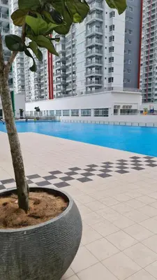 a tree in a planter next to a swimming pool at Mimi Cozy Homestay, 3R3B KLCC View with PLAYSTATION 4, NETFLIX, WiFi 6, Pool Table, Home Cinema in Kuala Lumpur