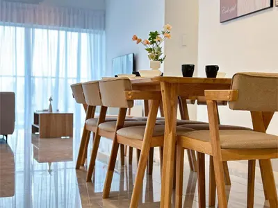 a wooden dining room table with chairs and a table at Instaworthy 3B3B - 6 pax - F&B & Mart - Chan Sow Lin in Kuala Lumpur