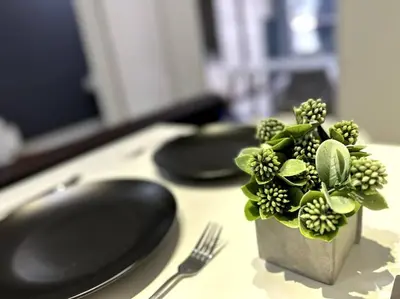 a table with a plate and a potted plant on it at Simple Arte Mont Kiara 1B1B 4 Pax Mitec Matrade in Kuala Lumpur