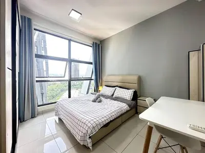 a bedroom with a bed and a large window at Simple Arte Mont Kiara 1B1B 4 Pax Mitec Matrade in Kuala Lumpur