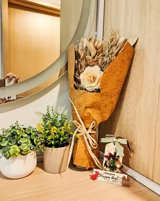 a wall with two potted plants on a shelf at CL24B 2-3pax KLCC Apartment in Kuala Lumpur