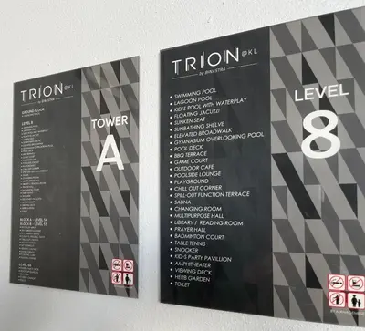 two black and white signs on a wall at Trion @ KL By The Relaxstay in Kuala Lumpur