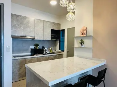 a kitchen with a marble counter top in a room at MVD19#Family Suite 8pax 3 Rooms M Vertica Velocity Mall Cheras IKEA Mytown Short Walk to MRT & LRT Maluri in Kuala Lumpur