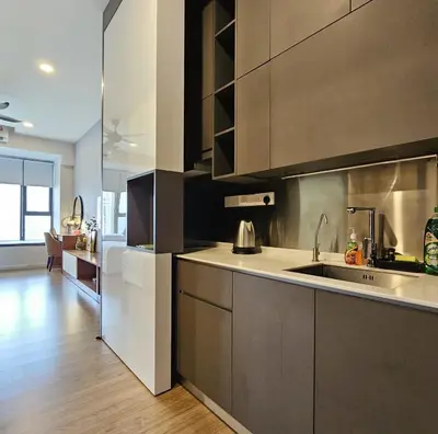 a kitchen with a sink and a counter top at Stylish Ceylonz Suite near Bukit Bintang 4pax in Kuala Lumpur