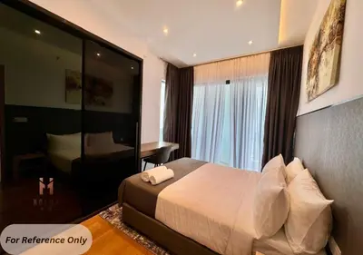 a hotel room with a bed and a large window at The Colony BEST SKY Pool View in Kuala Lumpur