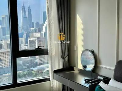 a hotel room with a mirror and a window at Lucentia BukitBintang KlccView InfinityPool By HeyStay Management in Kuala Lumpur
