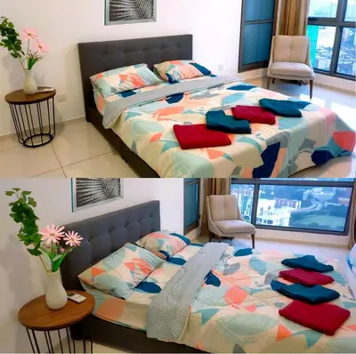 two pictures of a bedroom with a bed at 2-Bed Luxury Resort Robertson in Kuala Lumpur