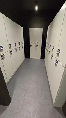 a row of lockers in a locker room at Space Hotel KL Sentral in Kuala Lumpur