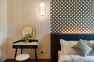a bedroom with a table and a mirror and a bed at NowHere 2BR 4PAX with Balcony Reizz Jalan Ampang in Kuala Lumpur