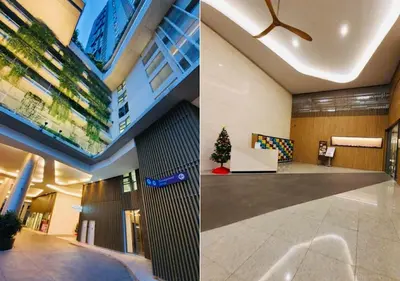 two pictures of an office lobby with a christmas tree at robertson by katie suites in Kuala Lumpur