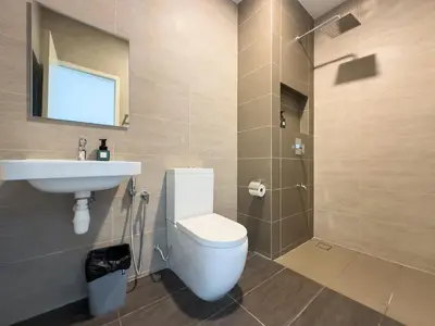 a bathroom with a toilet and a sink and a shower at 2B2B Cozy - 5 min to PWTC - Sentul KL in Kuala Lumpur