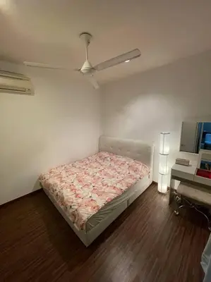 a bedroom with a bed in a room with a ceiling at Cozy lake view at top of setapak central mall in Kuala Lumpur