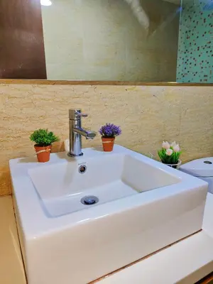 a white sink in a bathroom with potted plants at Casablanca Skypool Hostel in Kuala Lumpur