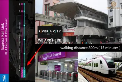 a train station with a train pulling into the station at Riveria Premium Kuala Lumpur, Roam in Kuala Lumpur