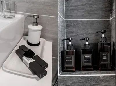 a bathroom with two bottles of soap on a sink at Trion KL - 2 Bedroom, 5 pax, Netflix, Free Car Park in Kuala Lumpur