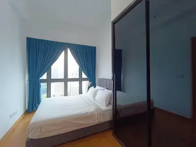 a bedroom with a mirror and a bed with a window at LUX 39A Balcony KLCC View 1 Bedroom Infinity Pool in Kuala Lumpur