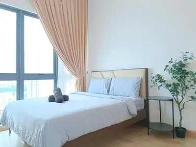 a bedroom with a bed and a large window at COL 31A 1Bedroom Balcony Infinity Pool KLCC View in Kuala Lumpur