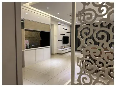a bathroom with a sliding glass door with a television at Setapak Central Premium Suites in Kuala Lumpur