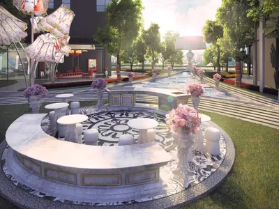 a rendering of a fountain with a clock in front of a building at Arte Mont Kiara Studio,Kuala Lumpur in Kuala Lumpur