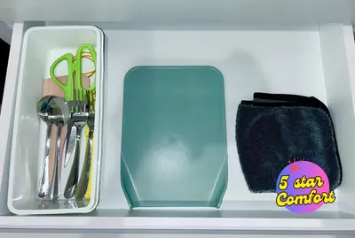 a white drawer with scissors and other kitchen utensils at 5 Star Comfort Riveria City KL Sentral 2pax Infinity pool in Kuala Lumpur