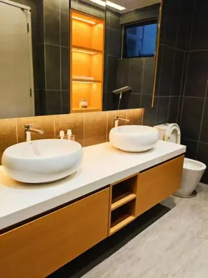 a bathroom with two sinks and a toilet at 4B3R Lux Penthouse Astoria Ampang in Kuala Lumpur