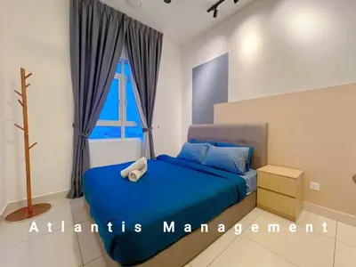 a bedroom with a blue bed and a window at Kuala Lumpur, KLCC View, Titiwangsa, Tr Resident,Near MRT Station, 3BR 2BH by Atlantis Management in Kuala Lumpur