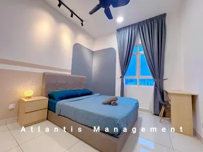 a bedroom with a blue bed and a window at Kuala Lumpur, KLCC View, Titiwangsa, Tr Resident,Near MRT Station, 3BR 2BH by Atlantis Management in Kuala Lumpur
