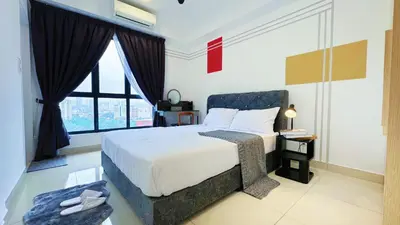 a bedroom with a bed and a large window at Vista Sentul Residences, 3-Bedroom Fully Air-Con Suite, SENTUL in Kuala Lumpur
