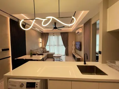 a kitchen and living room with a ceiling fan at Alfa Bangsar by The Homez in Kuala Lumpur