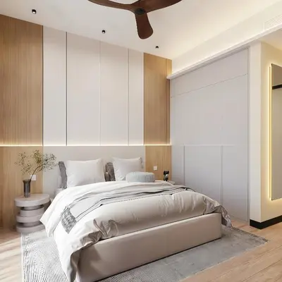 a bedroom with a large bed and a ceiling at Core Residence at TRX by LL in Kuala Lumpur