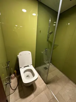 a green bathroom with a toilet and a shower at KLCC Private Bedroom in DUAL KEY Unit in Kuala Lumpur
