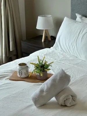 a tray with a towel and a plant on a bed at DRapport APT got Bathtub & Kids Game by Iconique in Kuala Lumpur