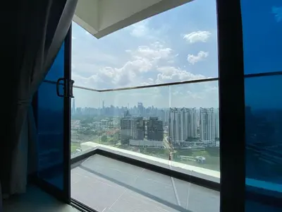 an open window with a view of a city at Reizz by Aayu Residences - 10mins to KLCC, 2 mins to Gleneagles Hospital in Kuala Lumpur