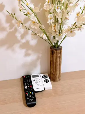 two remote controls sitting next to a vase with flowers at INFINITUM suites KLCC , infinity pool 360 view in Kuala Lumpur
