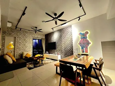 a living room with a dining room table with a ceiling fan at Trion Kuala Lumpur For KLCC view BLOCK C in Kuala Lumpur