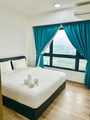 a bedroom with a bed with blue curtains and a large window at Agile Bukit Bintang By Well Shaped in Kuala Lumpur