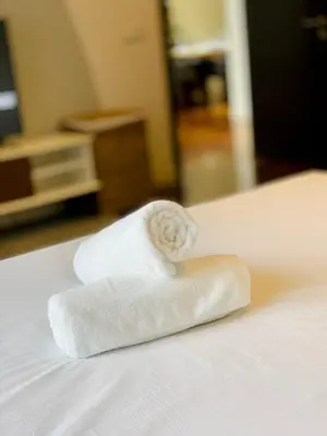 a roll of toilet paper sitting on top of a bed at The Mews Suites KLCC By Luna in Kuala Lumpur