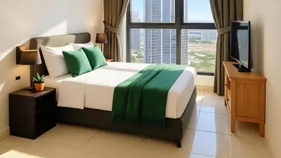 a bedroom with a large bed with a large window at Trion KL Service Suite - Modern City Stay with Pool & Gym in Kuala Lumpur