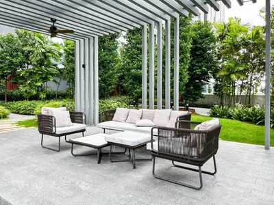 a patio with a white couch and two chairs at 2BR1B Hozem KL4409 Apartment Bukit Bintang in Kuala Lumpur