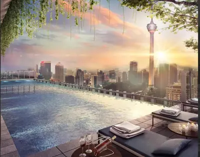 a swimming pool with a view of a city skyline at Ceylonz Suites Bukit Bintang By ICEFLY in Kuala Lumpur