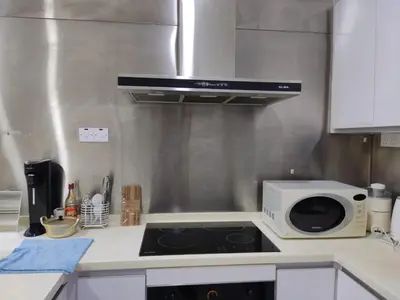 a kitchen with a stove and a microwave at Camellia Serviced Suites in Kuala Lumpur